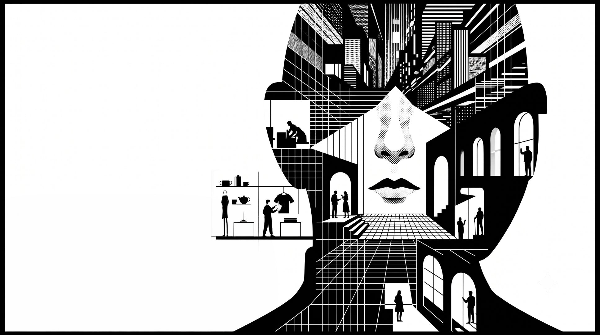 Art of FACELESS black-and-white architectural portrait, showing a face formed from a city, figures, and interior spaces.