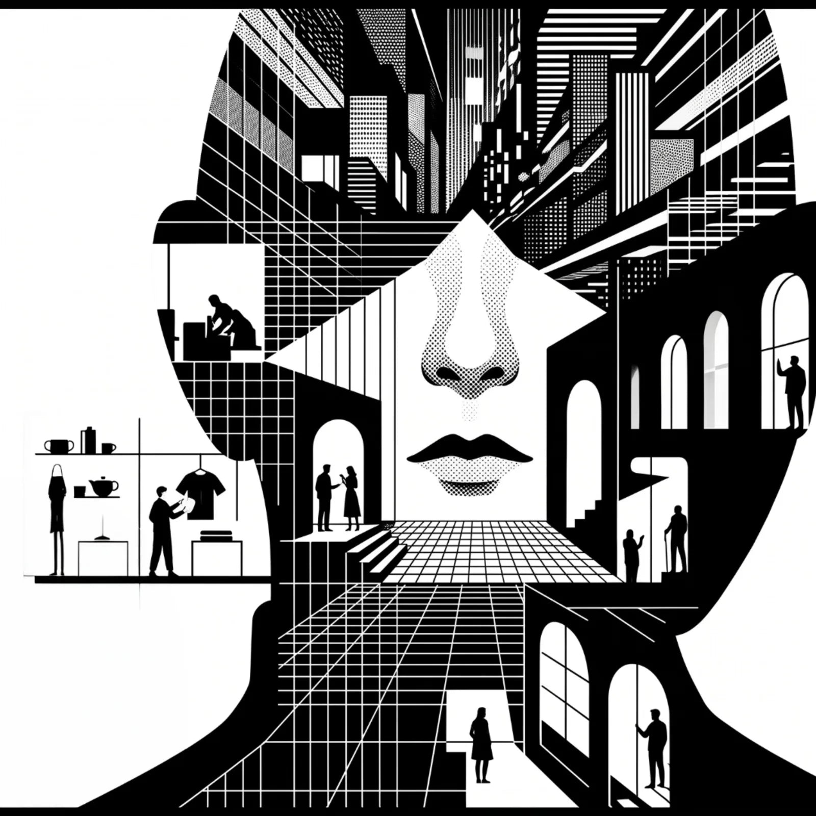 Black-and-white Art of FACELESS city portrait with figures, objects, and architectural interiors.